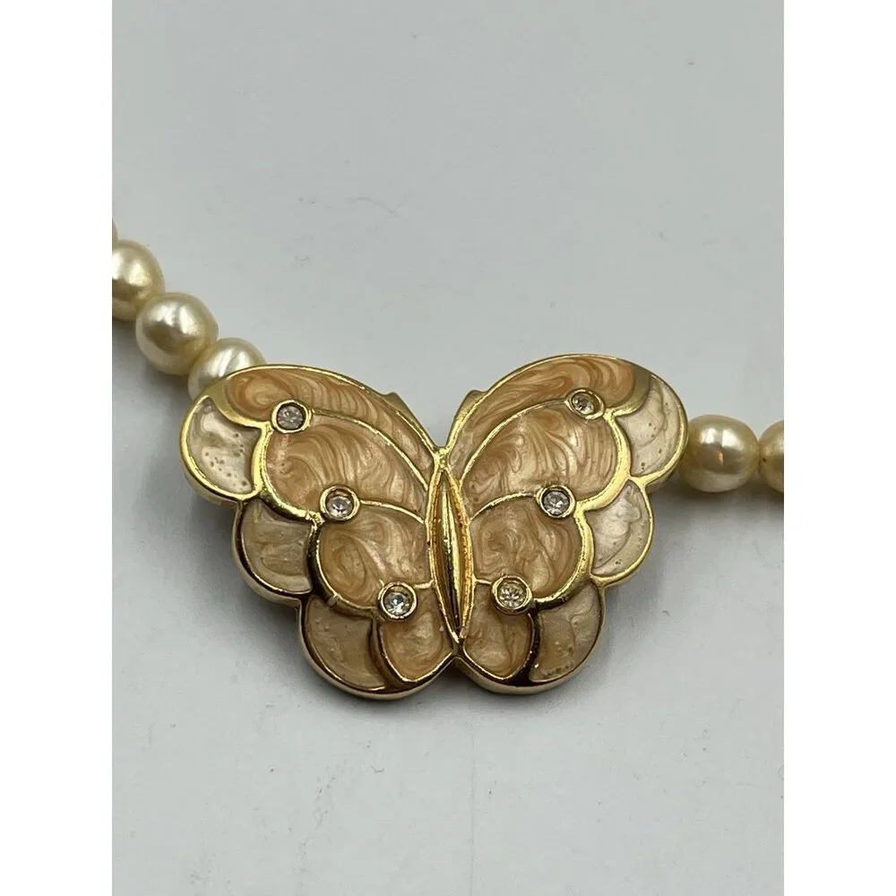 VINTAGE Kenneth Jay Lane KJL for Avon Pearl Enamel Crystal Butterfly Necklace - Picture 2 of 16
